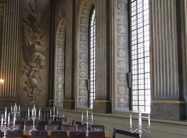 A section of the Painted Hall and its famous trompe l'oeil decorations at the King William Court of the Old Royal Naval College in Greenwich.