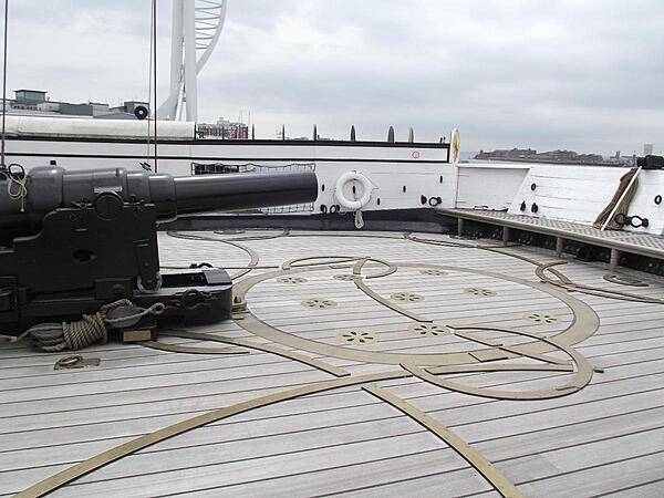 One of the innovations on HMS Warrior was the employment of newly developed breech loading, rifled guns such as the Armstrong 110 pounder 7 inch (177 mm) gun. The gun was mounted on a pivot to allow a wide range of fire. Metal tracks in the deck allowed the wheels of the gun carriage to move easily.