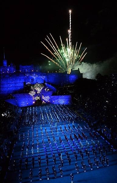 Fireworks shoot off from the castle and diamonds are projected onto the castle walls as multinational musicians and performers play "Diamonds are Forever" in honor of Her Majesty Queen Elizabeth II's Diamond Jubilee year during a Royal Edinburgh Military Tattoo on 2 August 2012. This military tattoo brings together musicians, dancers and bagpipers from around the world to perform in Europe’s most prestigious military tattoo and this year marks the first time since 1950 that a US Navy band has performed in the show. Photo courtesy of the US Navy/ Petty Officer 2nd Class Patrick Grieco.