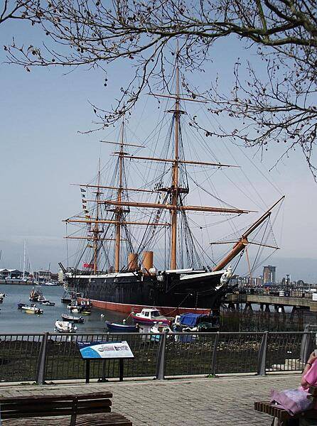 HMS Warrior, a museum ship docked in Portsmouth Harbor, England. Completed in 1861, she was the first armor-plated, iron-hulled warship built for the British Royal Navy. In its day, Warrior was the largest, fastest, most heavily armed and armored warship in the world. She was powered by sail or steam-driven propeller, or both.