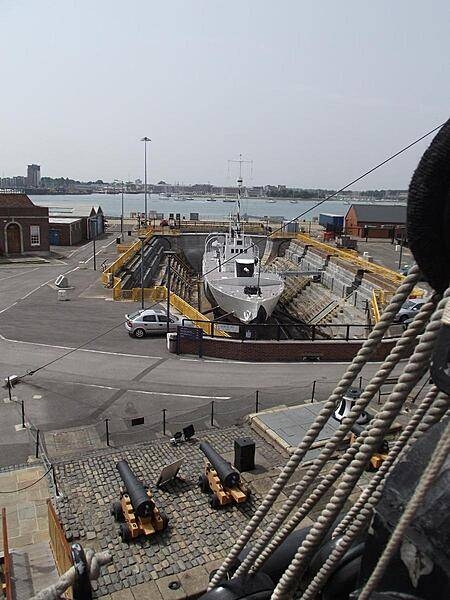 View from HMS Victory onto Portsmouth Harbor. The ship in drydock is the M33, a World War I monitor (gunboat) dating to 1915.