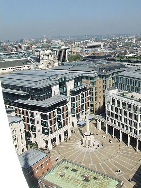 A look down into Paternoster Square from the dome of St. Paul's Cathedral in London. The area is the location of the London Stock Exchange, as well as various investment banks.