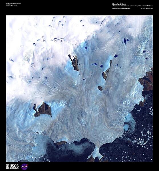 Along Greenland's western coast, a small field of glaciers empties into Baffin Bay, 80% of which is covered by ice in winter. Calving icebergs may be seen in the lower right of this high-resolution satellite photo. Baffin Bay is only 1,000 m (3,300 ft) deep along the coast. Between May and July a polynya, an area of navigable open water surrounded by sea ice, forms at the northern part of the bay. This polynya, the largest in the Canadian Arctic, is stable in location and has existed for nearly 9,000 years. Image courtesy of USGS.