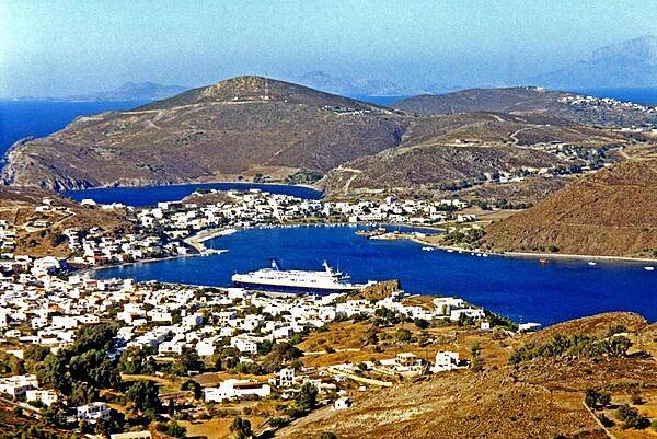 Harbor and ship on the island of Patmos, as seen from the shrine of St. John the Evangelist. According to tradition, it was here that the saint, living in exile from Ephesus, wrote the Biblical "Book of Revelations."