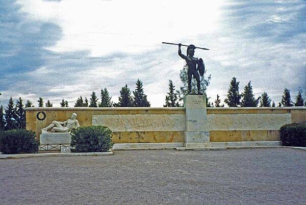 The monument to Leonidas and the Spartans at Thermopylae, 200 km (125 mi) north of Athens. The memorial structure celebrates a 480 B.C. battle in which a small army of Greeks, led by King Leonidas, held at bay for three days a vastly superior invading Persian force, thus allowing the main part of the Greek army to escape.