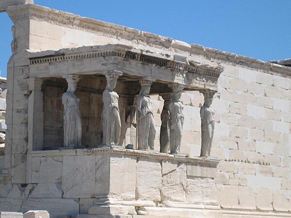 A close up of the Porch of the Caryatids (also known as the Porch of the Maidens) on the southern side of the Erechtheum temple on the Acropolis in Athens.
