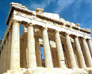 Close up of the front of the Parthenon - the temple to ancient Athens' patron deity, Athena.