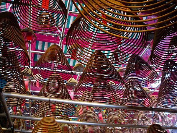 Huge incense coils hang from the ceiling of the Man Mo Temple in Hong Kong, one of the oldest and most famous temples in the city.