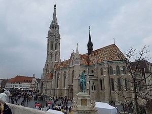 The Church of the Assumption - more commonly referred to as the Matthais Church - in front of the Fisherman's Bastion in Buda's Castle District.
