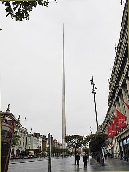 The Spire on O'Connell Street in Dublin near the General Post Office was erected in 2003. The 120 m- (394 ft-) high structure is also known as "The Tower of Light." It replaced a pillar with a statue of England's Lord Nelson that was destroyed in 1966 and that was seen as a relic of English colonialism. The Spire consists of eight hollow stainless steel cone sections and contains a tuned mass damper to ensure aerodynamic stability during a wind storm.