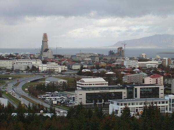 View of Reykjavik from Perlan Hill. This photo dates from 2008-09 when the Hallsgrimskirkja church (left center) was undergoing restoration.