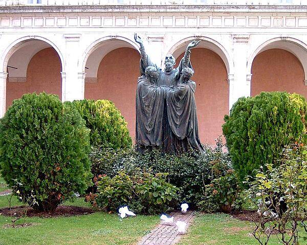 Statue of St. Benedict at the Abbey of Monte Cassino, about 130 km (80 mi) southeast of Rome. Benedict established his first monastery here in about 529; it became the source for the Benedictine Order.