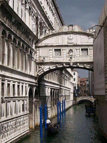 The Bridge of Sighs over one of many canals in Venice was built in 1602 and connects the old prisons with the interrogation rooms in the Doge's Palace. The name was applied by Lord Byron.