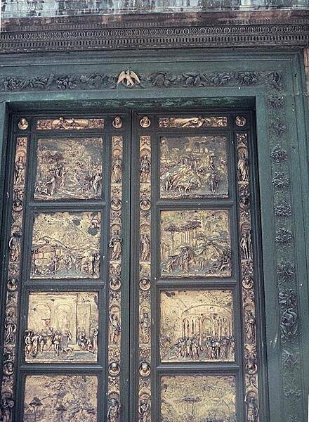 The east doors of the Battistero di San Giovanni (Baptistery of Saint John) in Florence, referred to as "The Gates of Paradise." The gilded bronze doors took the artist, Lorenzo Ghiberti, 27 years to complete.