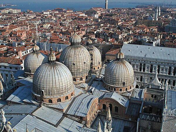 Looking down on St. Mark's Cathedral in Venice from the campanile (bell tower).
