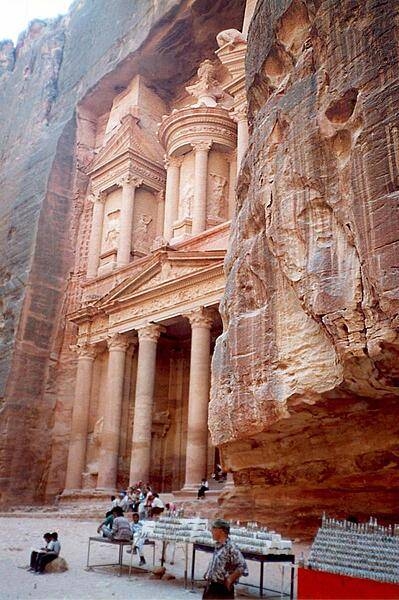 The "Treasury" building (Al-Khazneh) at Petra was carved into the red-hued cliff face in the 2nd century B.C.