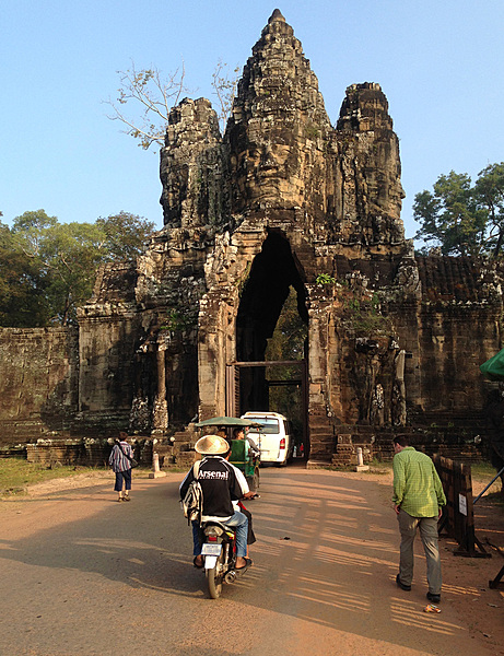 The South Gate at Angkor Thom has been extensively restored and is the most complete. On the road from Angkor Wat and Siem Reap, it is the first point of entry to Angkor Thom.