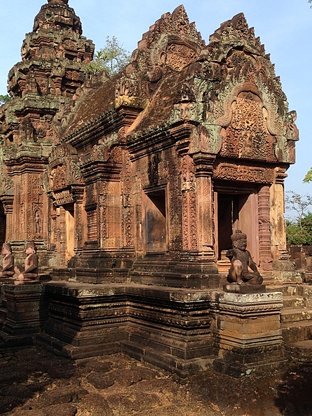 Another view of the intricate reliefs on the mandapa (pillared hall) and central tower at Banteay Srei.