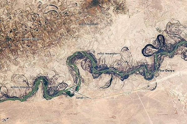 Central Asia's most important cotton-growing region is concentrated in the floodplain of the Syr Darya. The floodplain is shown here as a tangle of twisting meanders and loops (image center). The darkest areas are brushy vegetation along the present course (filled with blue-green water); wisps of vegetation are also visible along flanking swampy depressions, or sloughs. An older floodplain appears as more diffuse dark vegetation (image upper left), where relict bends are overlain by a rectangular pattern of cotton fields. The straight channel of a new diversion canal can be seen along the east bank of the river. Half the river flow is controlled from reservoirs, and half from direct water take-off from canals. In contrast to the intensive agricultural use of water shown here, water control in the mountain valleys upstream is oriented more toward power generation.
The river flows for 2,200 km (1,370 mi), from the Tien Shan Mountains west and northwest to the Aral Sea. Control of the river is vested in the Syr Darya Basin Water Organization, run by nations with territory in the watershed. Some of the organization's main efforts include accurate gauging of water use and repair of canals to reduce widespread water leakage. Photo courtesy of NASA.