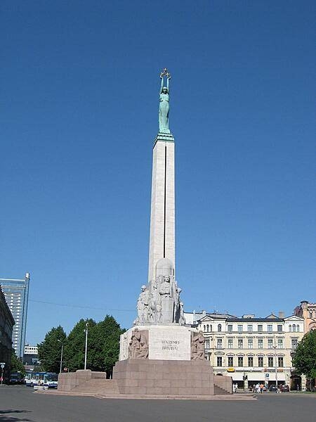 The Riga Freedom Statue is in a plaza in the center of Riga near the old town. It honors the soldiers killed in the Latvian War for Independence (1918-20). The monument, built in the early 1930's and unveiled in 1935, is 42 m (138 ft) high and is constructed of granite, travertine, and copper. At the top of the column is a copper figure of Liberty; the sculptures and bas-reliefs at the base depict Latvian culture and history. A Guard of Honor is present at all times.