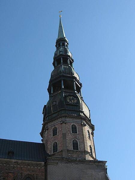 A closer view of the Saint Peter's Church steeple in Riga.
