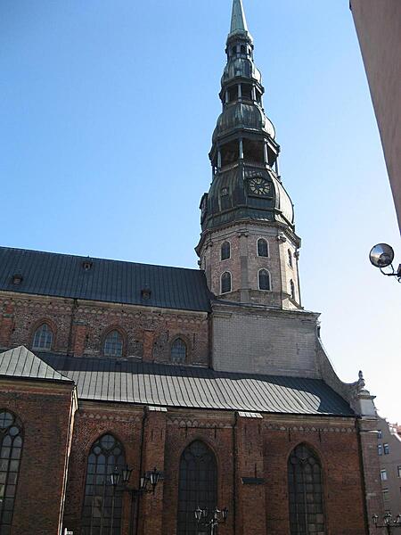 Saint Peter's Church in Riga was built in 1209 and enlarged in the 15th century. Its current tower was completed in 1746 and restored in 1973 when an elevator was installed. People can now view Riga from a height of about 72 m (236 ft).