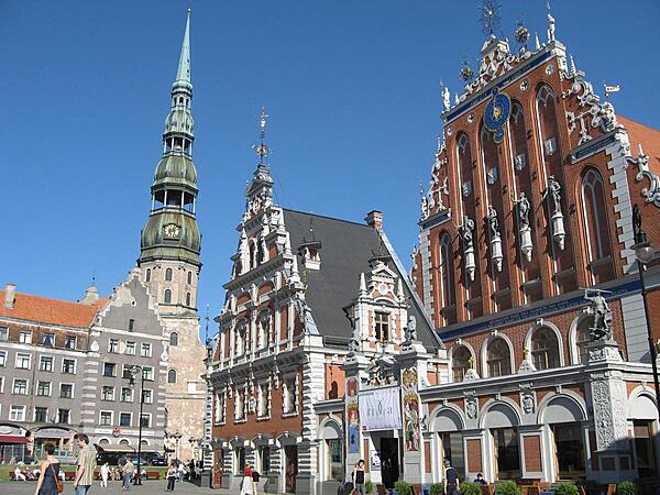 Town Hall Square is the official center of Riga. Seen here is the Blackheads House as well as the spire of Saint Peter's Church.