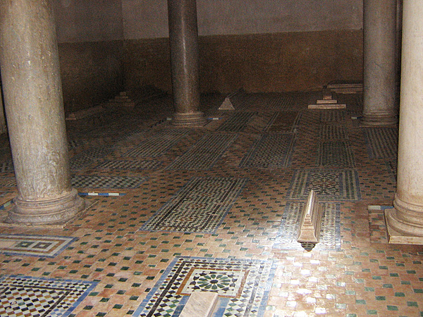 The Saadian Tombs are a historic royal necropolis in Marrakech that date to the time of the Saadian Dynasty (1549-1659). They are located on the south side of the Kasbah Mosque, inside the royal kasbah (citadel) district of the city. Because of the beauty of their decoration, the tombs have become a major attraction for visitors to Marrakech. This view is of the Chamber of the Mihrab in the larger mausoleum of the Saadian Tombs.