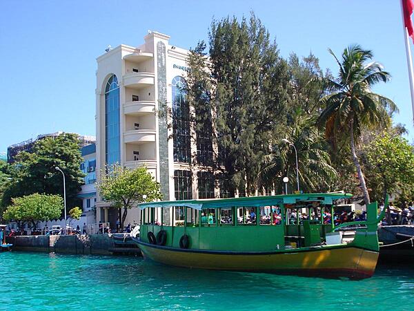 A view of the Male waterfront. The capital city's harbor is enclosed by an artificial coral stone breakwater.