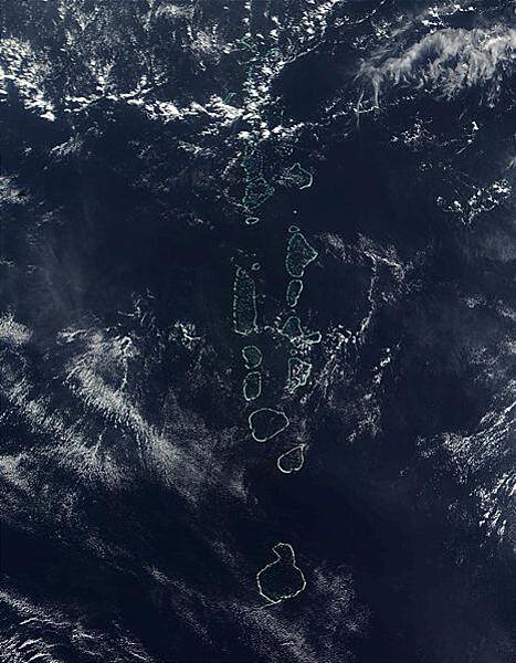 All but the southernmost of the Maldives many atolls, Addu Atoll, is visible in this 2006 space-based image. Photo courtesy of NASA.