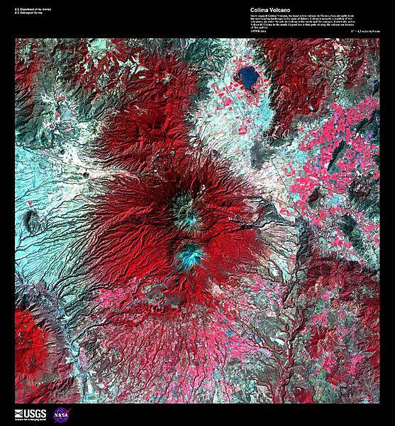 Snow-capped Colima Volcano, the most active volcano in Mexico, rises abruptly from the surrounding landscape in the state of Jalisco in the center of this false-color satellite image. Part of the trans-Mexican volcanic belt, Colima is actually a melding of two volcanoes, the older Nevado de Colima to the north and the younger, historically active Volcan de Colima to the south. Approximately 300,000 people live within 40 km (25 mi) of the volcano earning it designation as a Decade Volcano by the International Association of Volcanology and Chemistry of the Earth's Interior. Legend has it that gods sit atop the volcano on thrones of fire and ice. For other active volcanoes in Mexico, see the Natural hazards-volcanism subfield in the Geography section. Image courtesy of USGS.