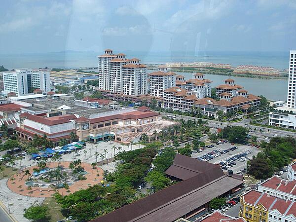 A modern part of Malacca Town as seen from the tourist observation tower looking towards the Straits.