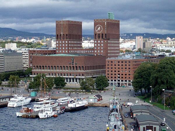 The City Hall (Radhus) in Oslo.  Although construction began in 1931, completion was delayed because of World War II. The building was finally inaugurated in 1950. The Nobel Peace Prize ceremony takes place in the City Hall every year on 10 December.
