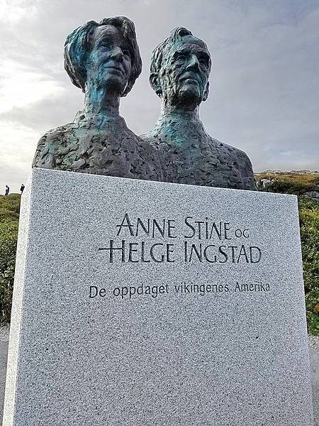 Statue of Anne Stine and Helge Ingstad, the co-discoverers of the archeological site, dedicated by the king of Norway at L’Anse Aux Meadows in 2002.