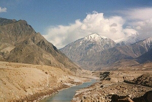 The Indus River as it flows through the mountainous region of Gilgit-Baltistan in Pakistan.