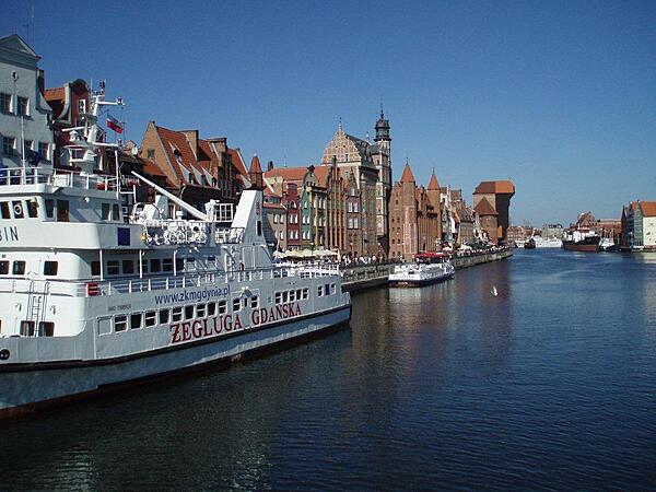A view of the inner harbor of Gdansk. The city lies on the southern shore of Gdansk Bay on the mouth of the Motlawa River.