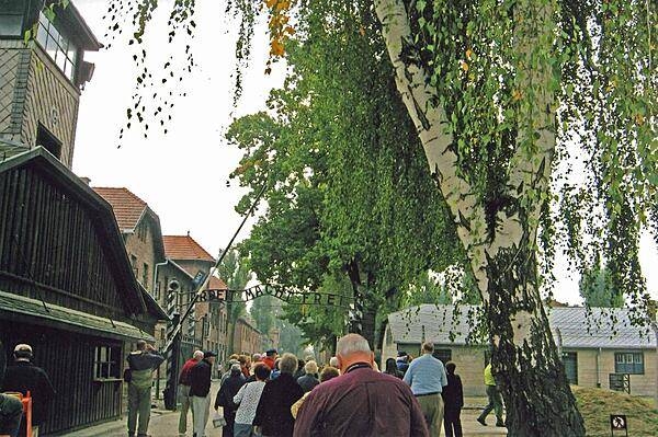 Entrance to the Auschwitz I concentration camp. The slogan over the gate translates as "Work makes you free." At the conclusion of World War II, the Polish Government established a memorial museum to honor the more than 1 million victims who died at this and surrounding camps.