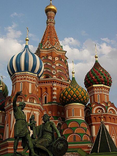 Close up of some of the colorful domes of Saint Basil's Cathedral in Moscow.