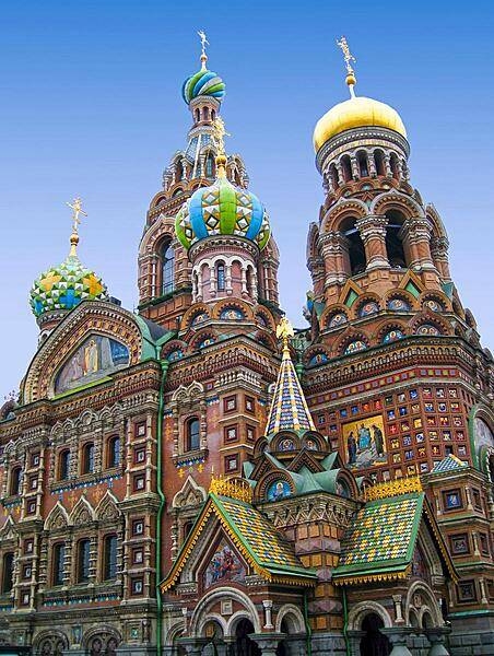 The Cathedral of the Resurrection of Christ in Saint Petersburg - also known as the Church of the Savior on Spilled Blood - was built on the site of the assassination of Alexander II. Its richly decorated façade and "onion domes" resemble those of the celebrated Saint Basil's Cathedral in Moscow.