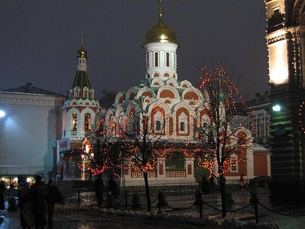 The Kazan Cathedral is a Russian Orthodox church located in the northeast corner of Red Square in Moscow. Originally constructed in 1636, the structure was destroyed in 1936 by the Soviet Government. It was rebuilt between 1990 and 1993 using detailed measurements and photos that had been preserved of the original church.