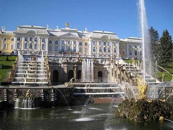 Peterhof Palace, near Saint Petersburg, sits atop a hill overlooking the Gulf of Finland. The Palace boasts a remarkable array of 64 decorative fountains, including a spectacular sculpture of Samson prying open the jaws of a lion as water cascades down terraced steps in the background. This was Peter I's summer palace.