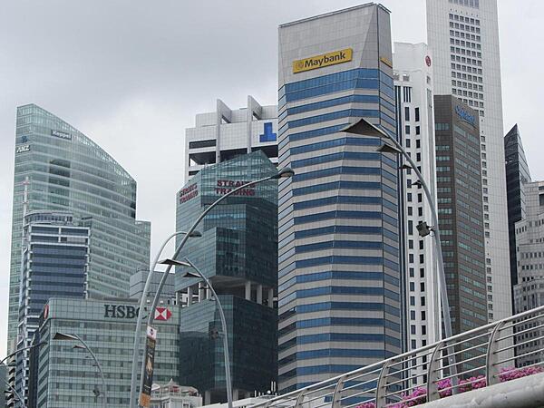 Skyline of the Singapore business district. Singapore is one of the world's leading financial centers.