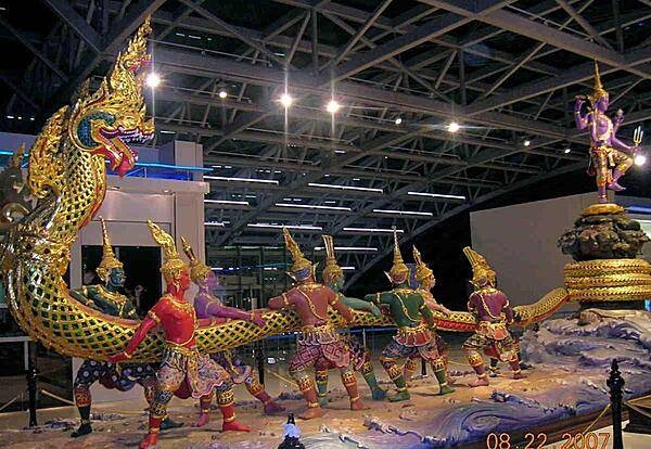A sculpture depicting the Churning of the Sea of Milk in Suvarnabhumi International Airport, Bangkok.