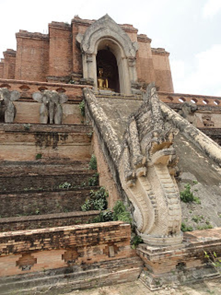 A closer view of the entrance to the stupa at Wat (Temple) Chedi Luang in Chiang Mai city.