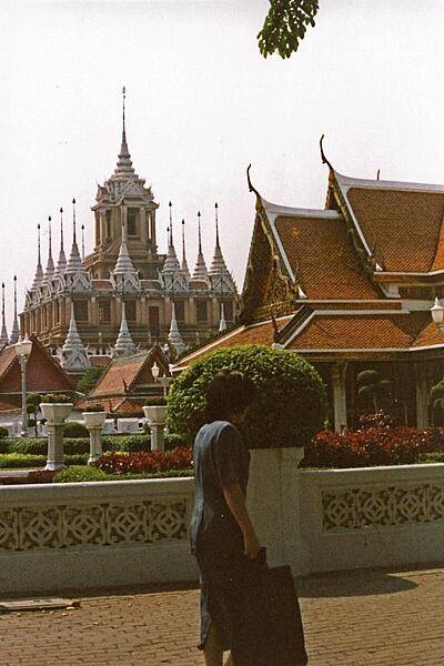 The Loha Prasat - a multi-tiered (36 m high) structure with 37 spires signifying the 37 virtues toward enlightenment - at the Wat Ratchanaddaram temple complex in Bangkok.