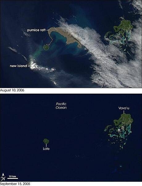August 2006 brought two new things to the Tonga Islands in the South Pacific. One was a raft of lightweight, frothy volcanic rock - pumice - floating on the ocean surface. The other was a new island emerging out of the water. NASA's Aqua satellite captured the aftermath of the eruption on 10 August 2006. For comparison, the bottom image shows the same area but taken almost one year earlier, on 15 September 2005.
The emerging volcanic island is partially hidden by its own plume. Volcanic plumes often appear drab gray or beige compared to clouds, and plumes from the emerging island move away from it in different directions, one to the southeast, and some to the north. The bright white spot directly over the island may be cloud cover, or it could be steam resulting from volcanic emissions.
The raft of pumice appears to the northeast of the emerging island, and it actually connects, via a thin thread, to neighboring Late Island. The blue-green color of the water around the raft and the new island is probably fine sediment that is making the deep blue water more reflective. The pumice raft gained international attention when a news report described the experience of a yacht crew that inadvertently encountered the pumice raft. The "sea of stone" clogged the yacht's engine-cooling system, forcing the vessel to turn back.
Pumice rafts are not an everyday occurrence, but they have been observed before. Biologists theorize that pumice rafts may be one of the ways that plants and animals spread from island to island in marine environments. Photo courtesy of NASA.