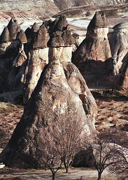 "Fairy chimneys" create a surreal landscape in the Cappadocia region of Turkey. Created by volcanic eruptions and shaped by centuries of wind and rain erosion, each of these structures consists of a soft cone topped by a layer of harder rock. They reach heights of up to 40 m (130 ft).