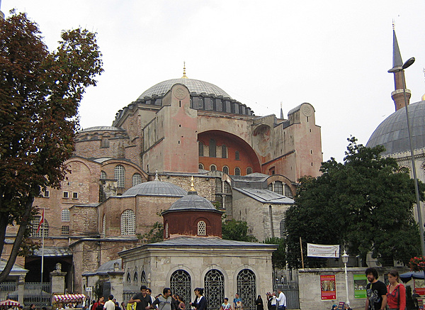 The Hagia Sofia (Church of the Holy Wisdom) in Istanbul is a former Christian Greek Orthodox cathedral, later an Ottoman imperial mosque, and now a museum. Completed in A.D. 537, it was the world's largest building and an engineering marvel of its time, chiefly renowned for its vast dome. It is considered the epitome of Byzantine architecture.