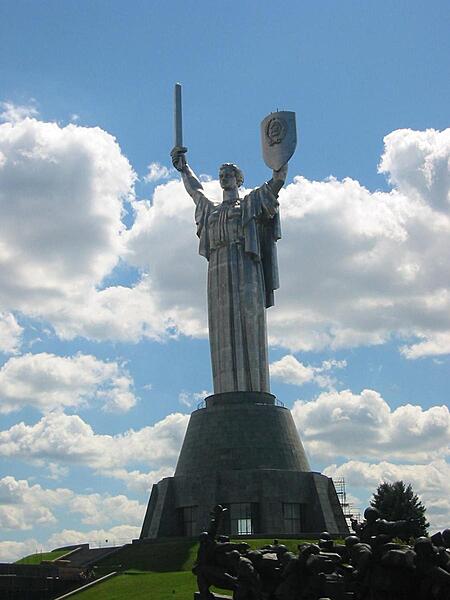 The Soviet-era Motherland Monument, sometimes referred to as the "Iron Lady," was supposed to symbolize the Soviet "Motherland." The 62-meter-high statue stands at the National Museum of the History of World War II in Kyiv, and still displays the Soviet coat of arms on its shield.