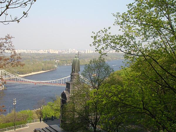 The statue of St. Volodymyr in Kyiv overlooking the Dnieper River. The location of the monument is reputed to be in the area where the saint forcibly baptized the populace of the city in A.D. 988.